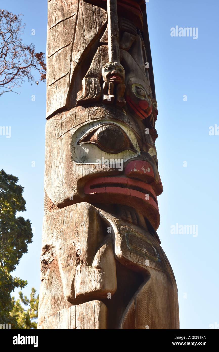 Totem Pole in Victoria, Vancouver Island, British Columbia, Canada Stock Photo