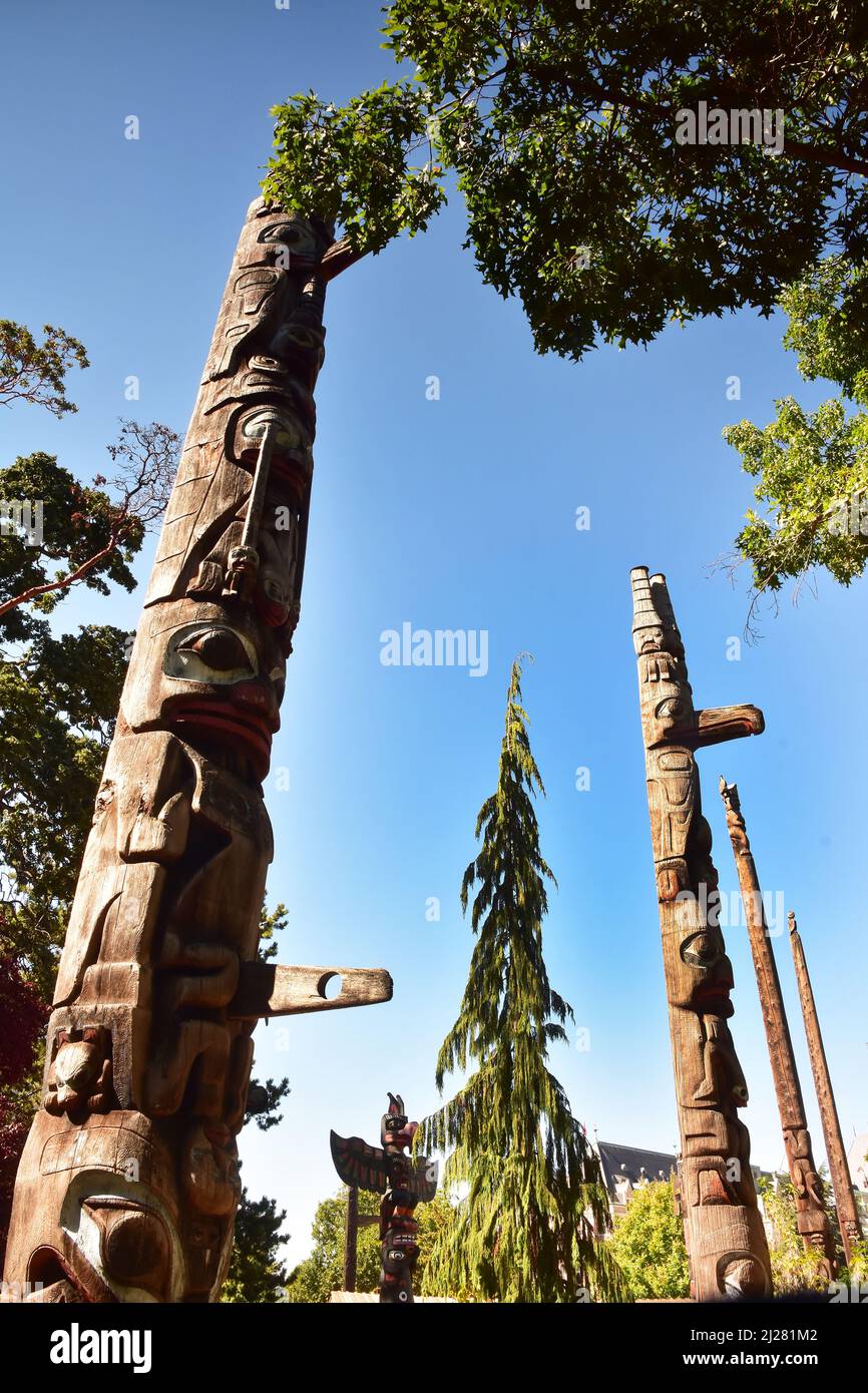 Totem Poles in Victoria, Vancouver Island, British Columbia, Canada Stock Photo