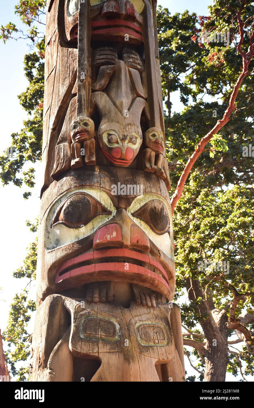 Totem Pole in Victoria, Vancouver Island, British Columbia, Canada Stock Photo
