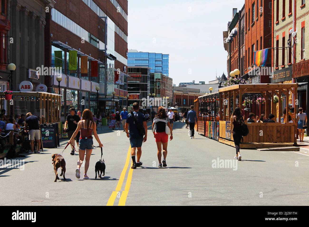People at a downtown pedestrian mall, St. John's, Newfoundland. Stock Photo