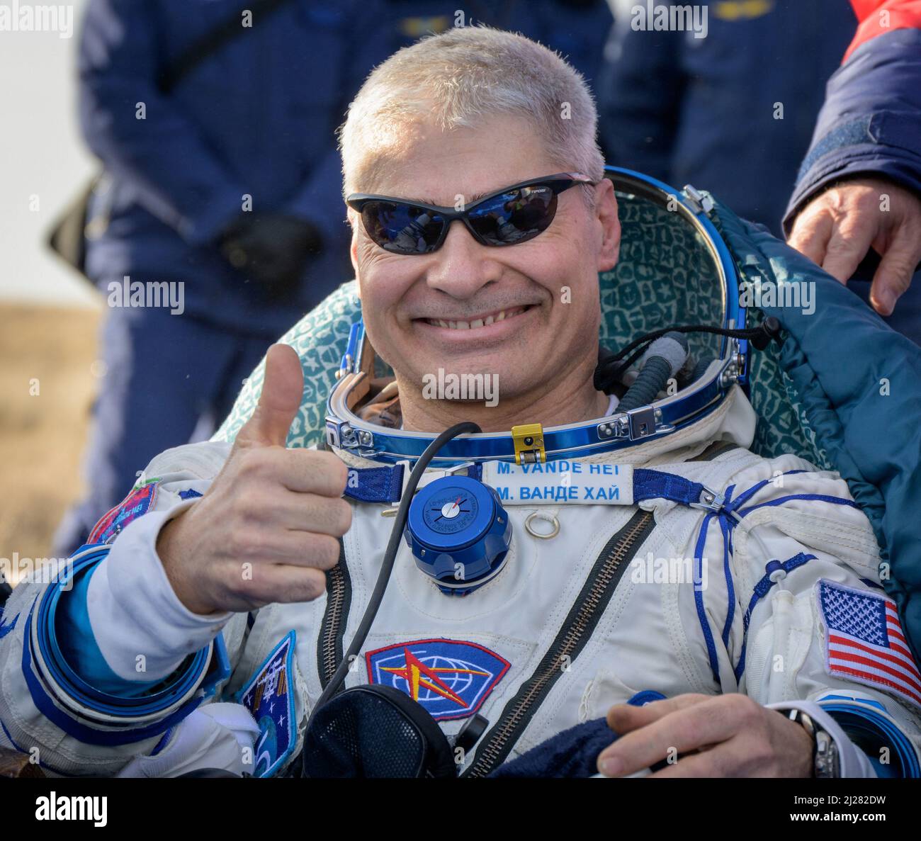 Zhezkazgan, Kazakhstan. 30th Mar, 2022. NASA astronaut Mark Vande Hei is seen outside the Soyuz MS-19 spacecraft after he landed with Russian cosmonauts Anton Shkaplerov and Pyotr Dubrov in a remote area near the town of Zhezkazgan, Kazakhstan on Wednesday, March 30, 2022. Vande Hei and Dubrov are returning to Earth after logging 355 days in space as members of Expeditions 64-66 aboard the International Space Station. Credit: UPI/Alamy Live News Stock Photo