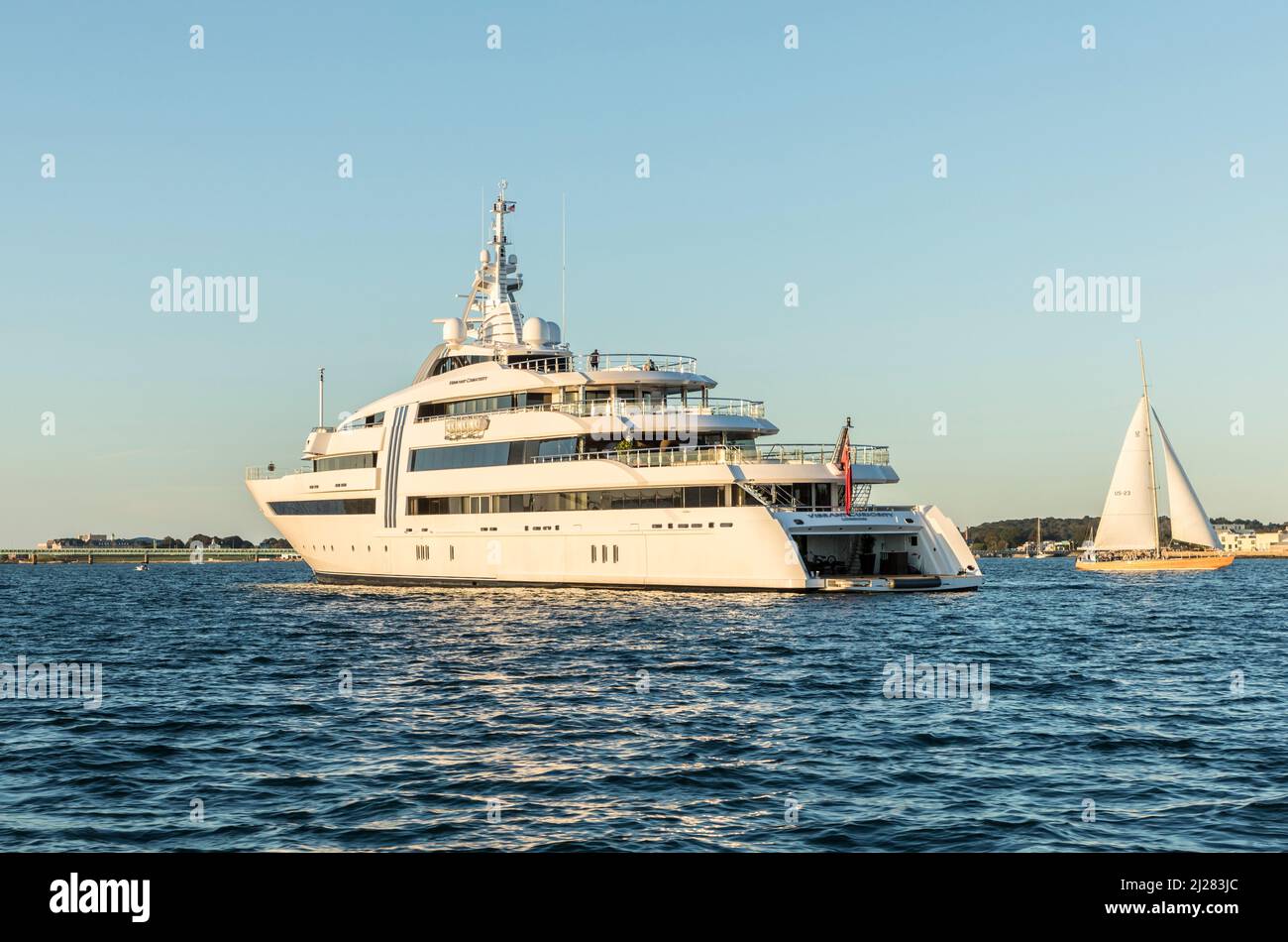 Newport, USA - September 23, 2017:  motor yacht vibrant curiosity of the german owner reinhold wuert in Newport, USA. Stock Photo