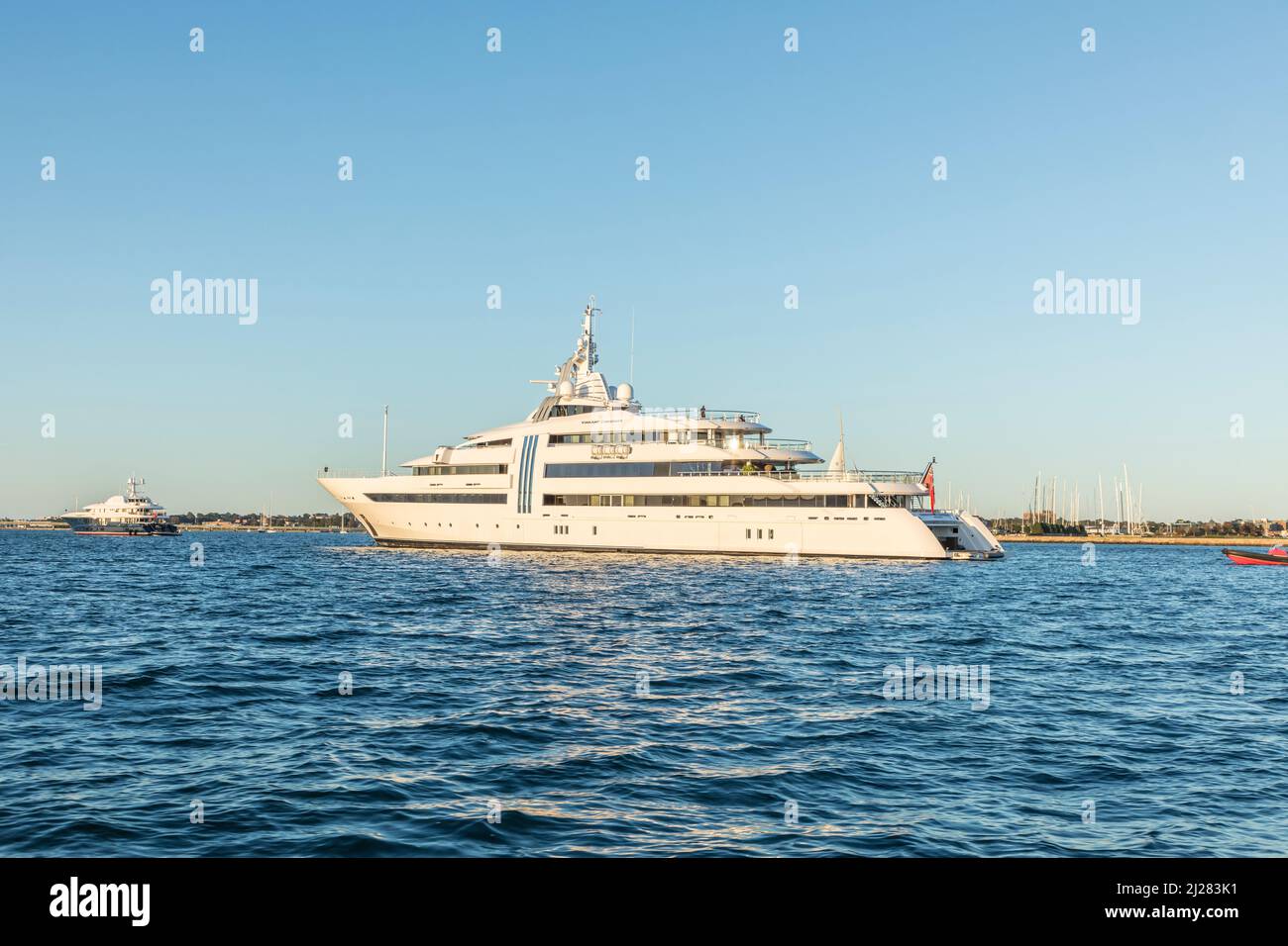 Newport, USA - September 23, 2017:  motor yacht vibrant curiosity of the german owner reinhold wuert in Newport, USA. Stock Photo