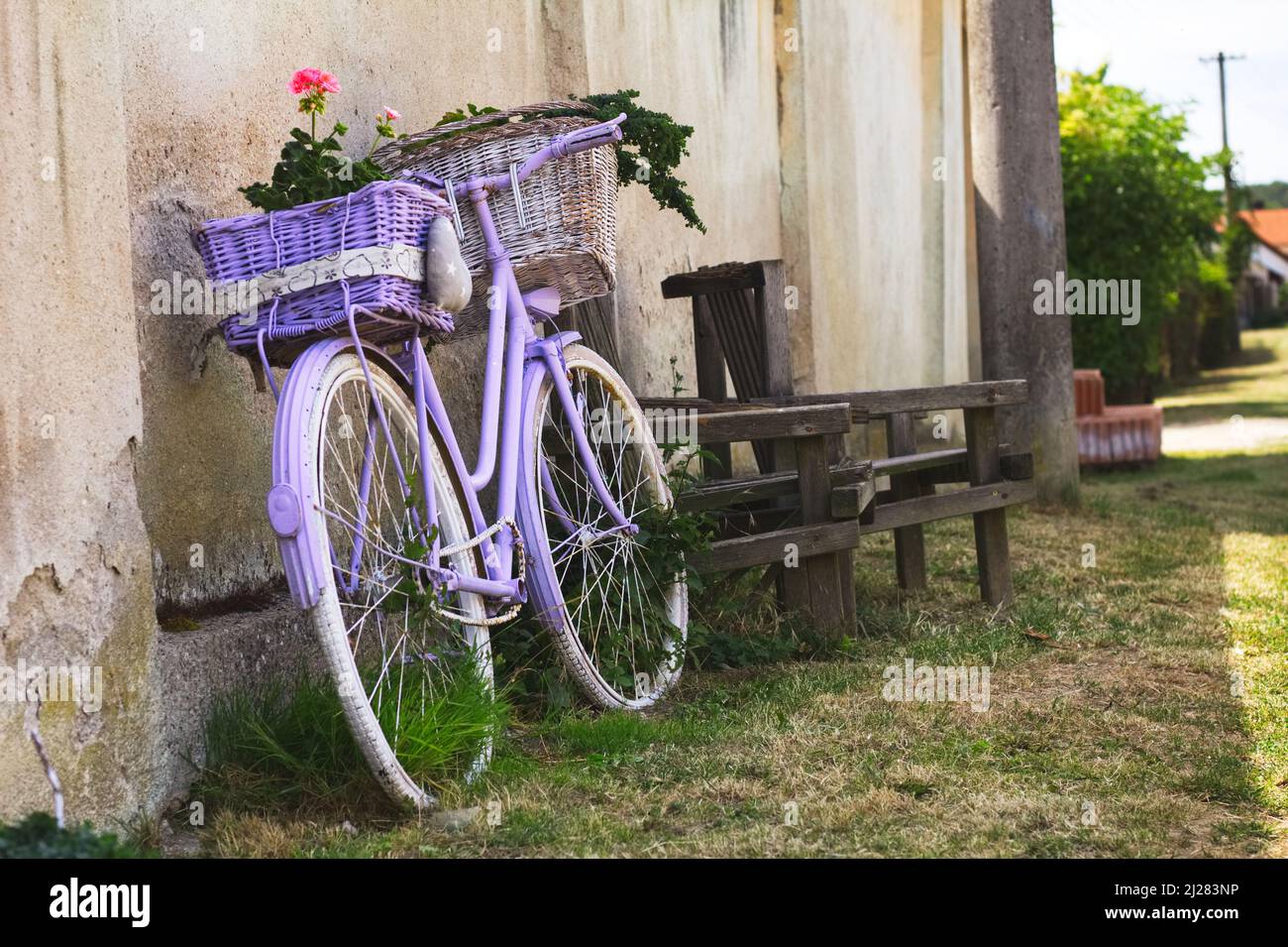 Retro bicycle with wicker baskets as a decoration next to wall. Vintage