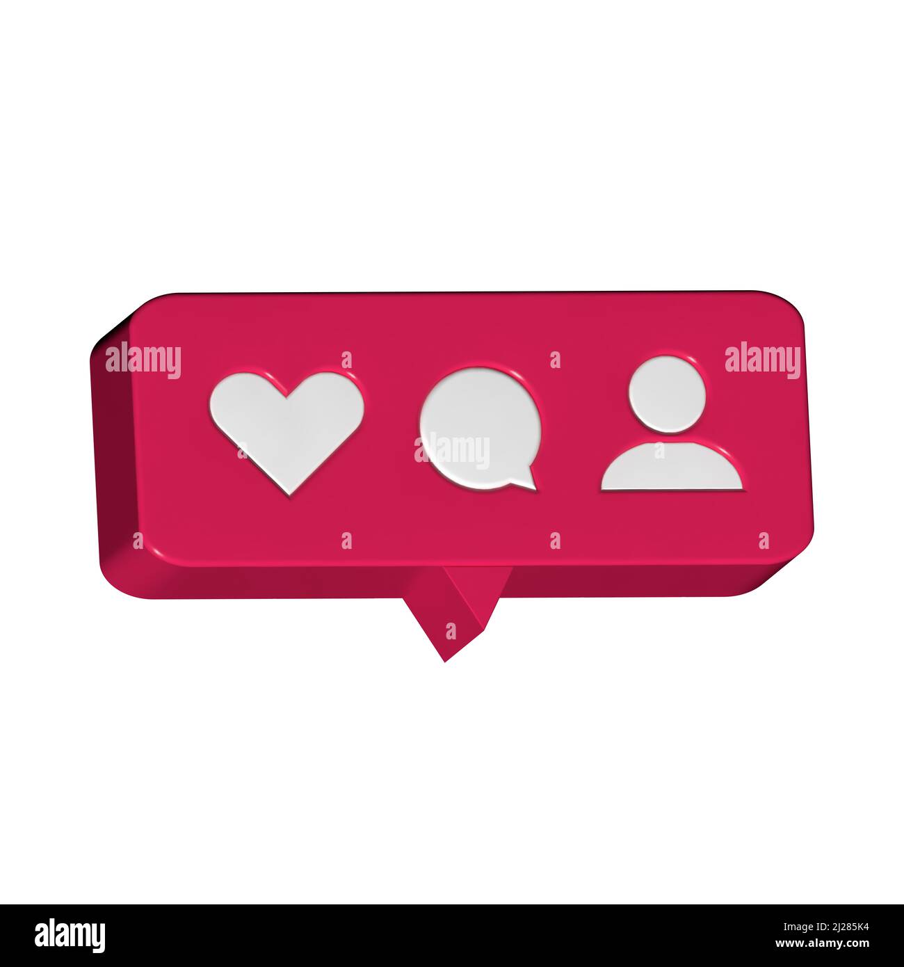 Social media notification icon. Follow, comment, like icons on a red background 3d design. Stock Photo