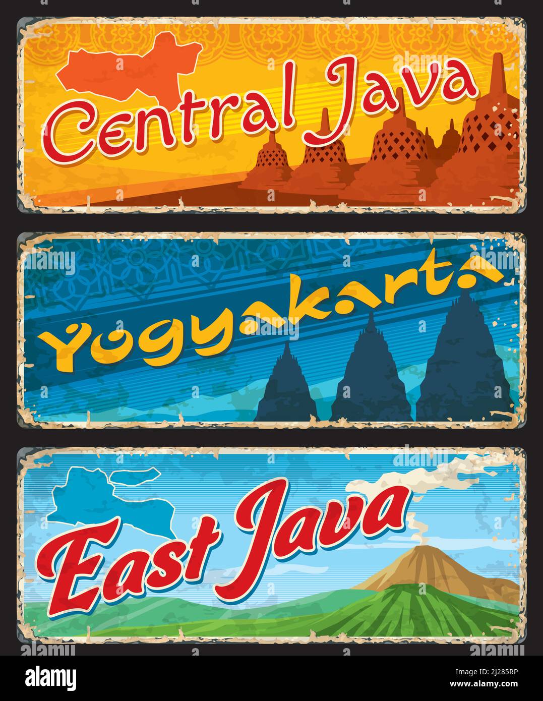 Central and East Java, Yogyakarta indonesian province travel plates and stickers. Indonesia travel banners or tin signs. Asian vacation cards with Borobudur stupas, Prambanan Temple and volcanoes Stock Vector