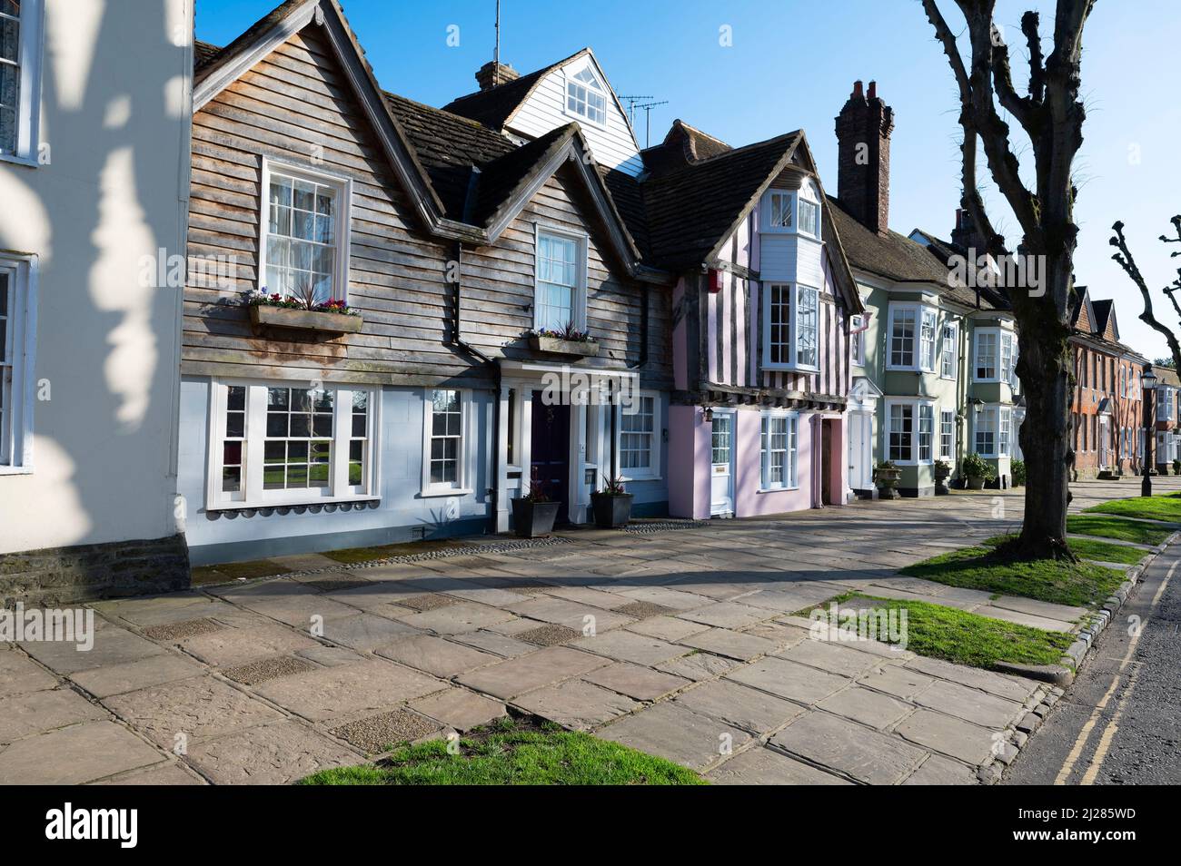 Listed buildings on the historic Causeway on a late winter afternoon in Horsham town centre, West Sussex, England, United Kingdom Stock Photo