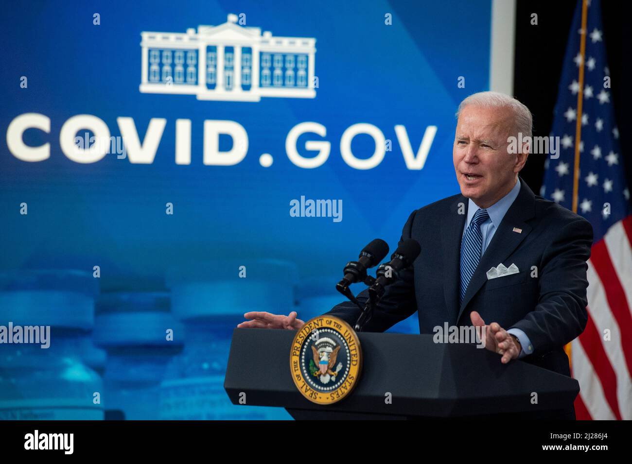 Washington, United States Of America. 30th Mar, 2022. United States President Joe Biden delivers remarks on the status of the country's fight against COVID-19, in the South Court Auditorium of the Eisenhower Executive Office Building on the White House campus in Washington, DC, Wednesday, March 30, 2022. Credit: Rod Lamkey/Pool/Sipa USA Credit: Sipa USA/Alamy Live News Stock Photo