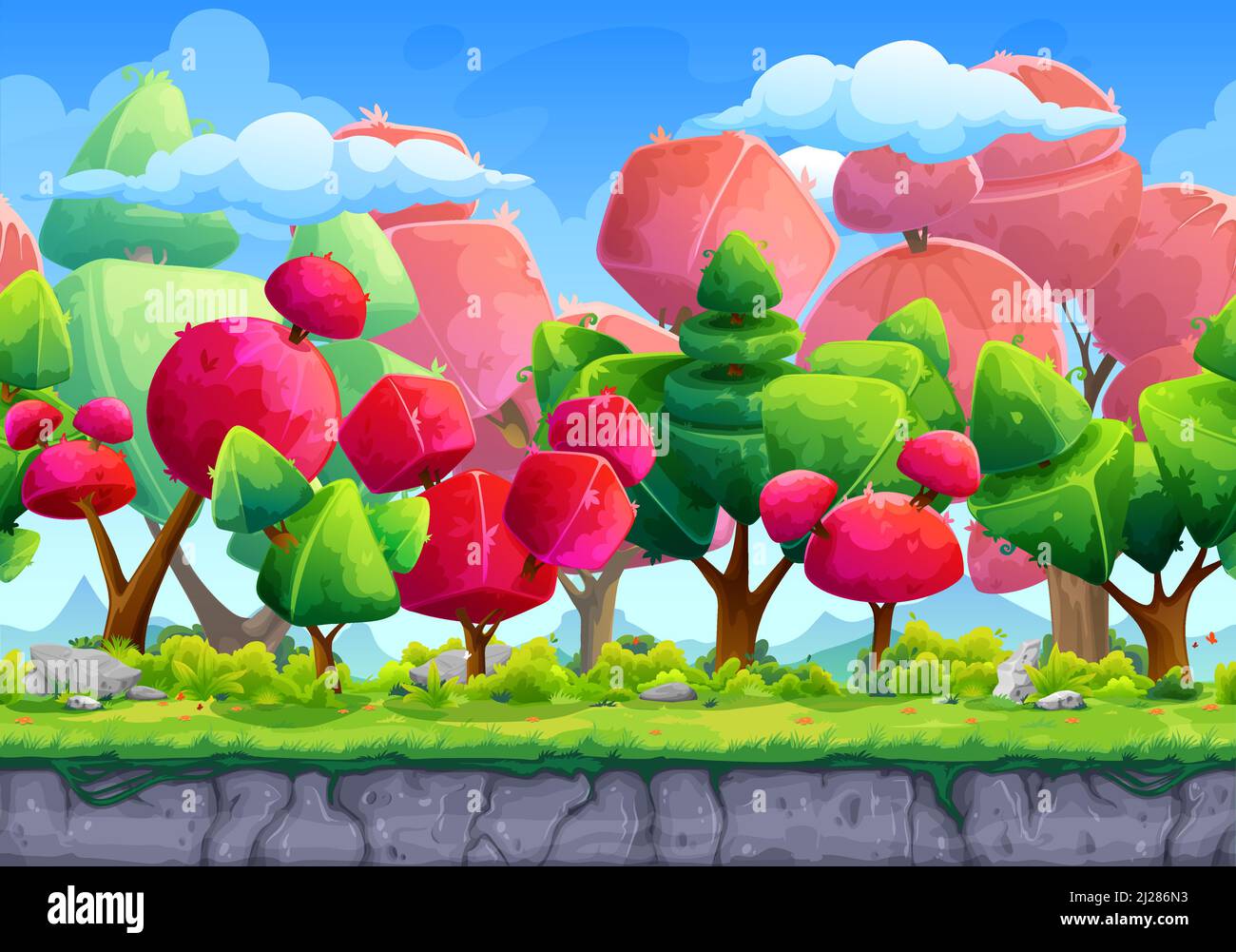 Cartoon fantasy game landscape scene with ground stones, forest trees and mountains vector background. Candy land fantastic magic alien world planet world landscape with fairytale trees and clouds Stock Vector Image & Cartoon fantasy game landscape scene with ground stones, forest trees and mountains vector background. Candy land fantastic magic alien world planet world landscape with fairytale trees and clouds Stock Vector Image &