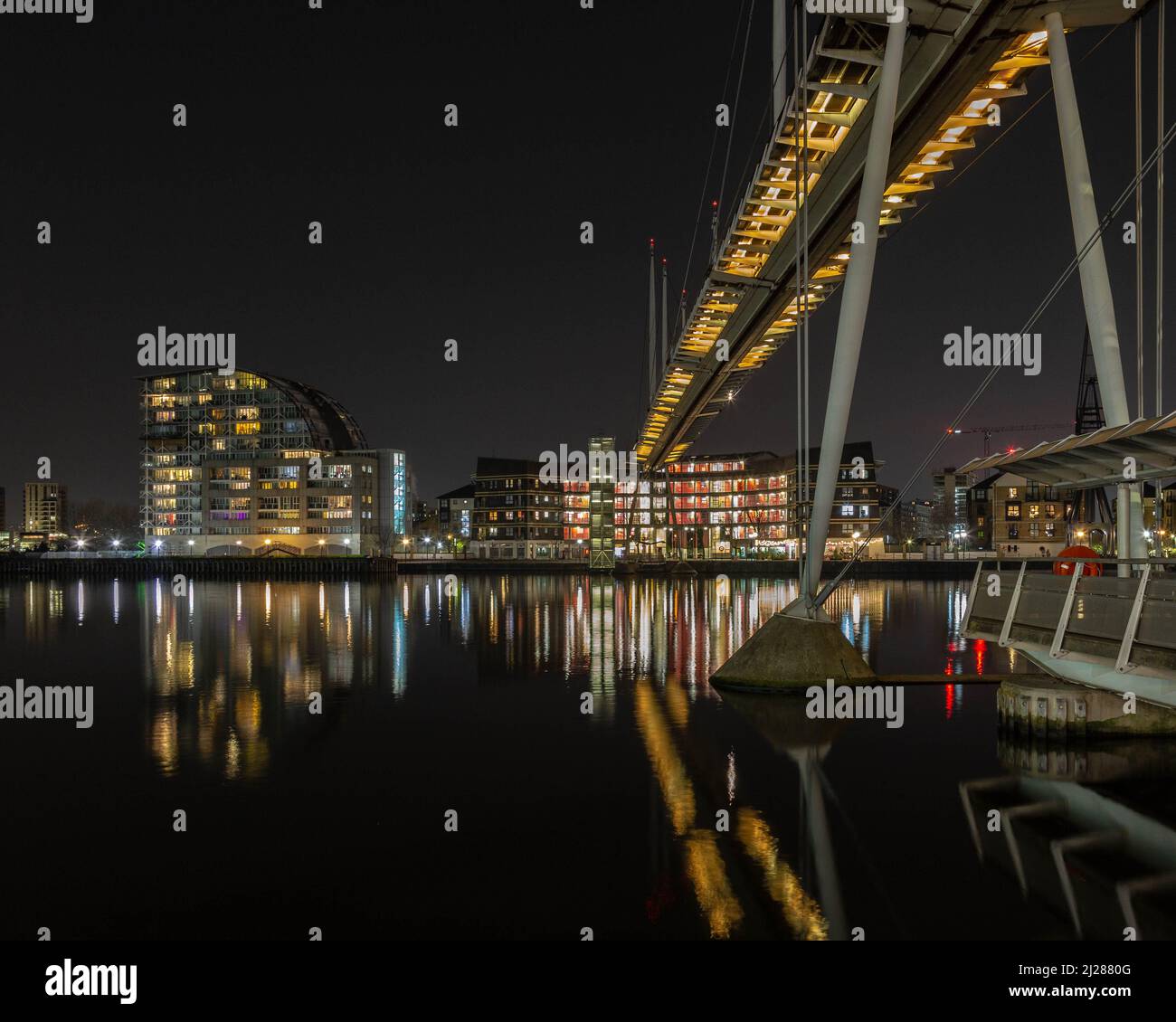 Night Photography // Royal Victoria Dock Footbridge Stock Photo