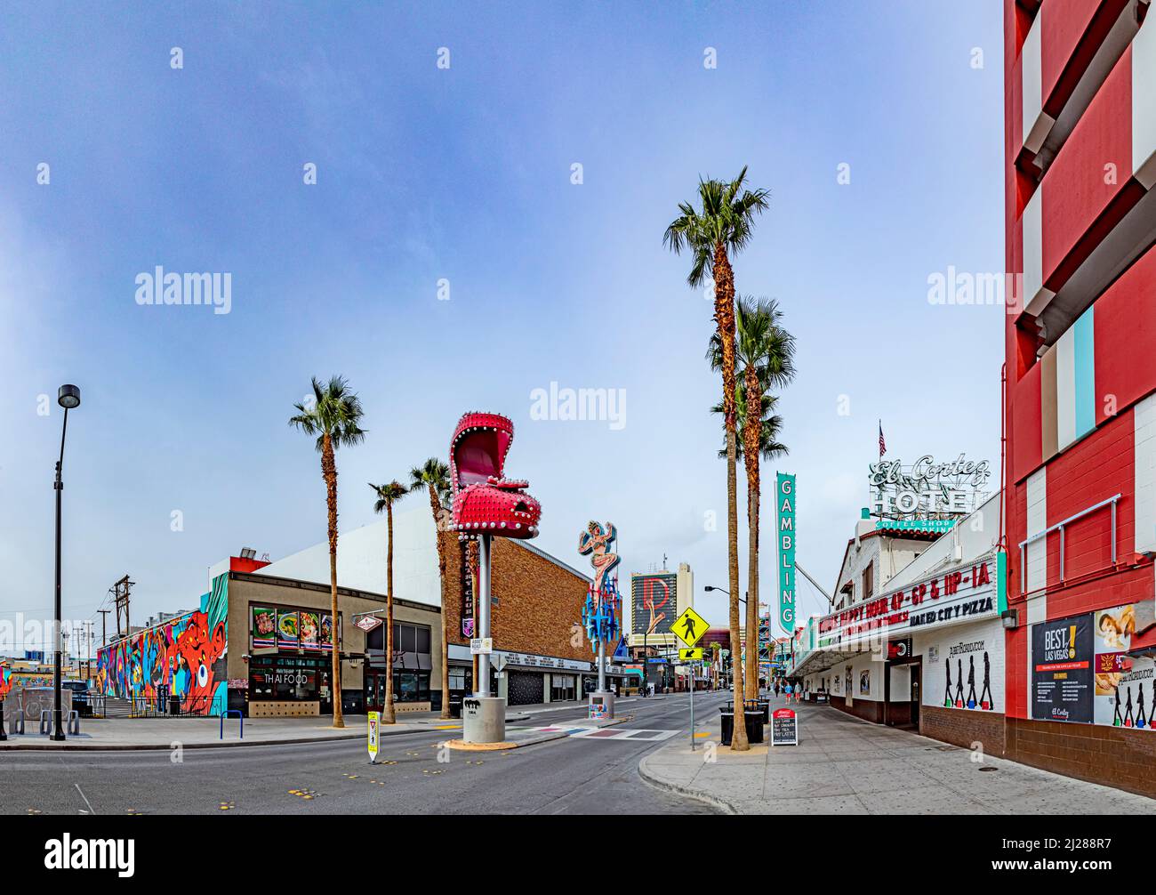 Las Vegas, USA - March 10, 2019: view to old part of Las Vegas in early morning with empty streets. Stock Photo