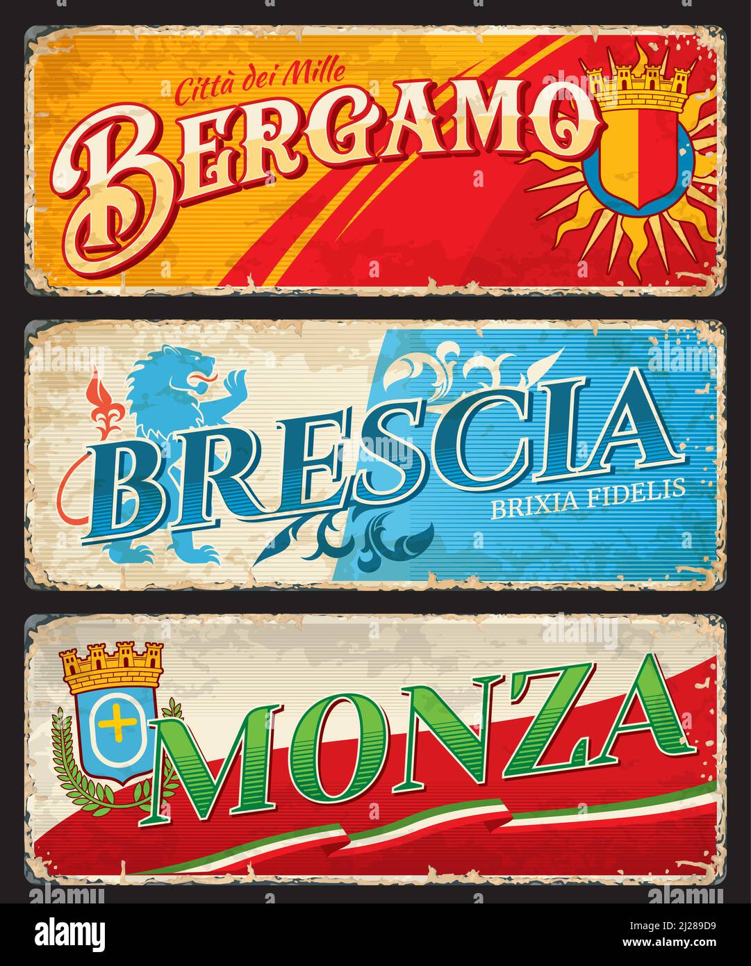 Bergamo, Brescia and Monza italian travel stickers and plates. Italy cities tin sings or grungy plates. European vacation journey or trip vector banner or postcards with city Coat of Arms and flags Stock Vector