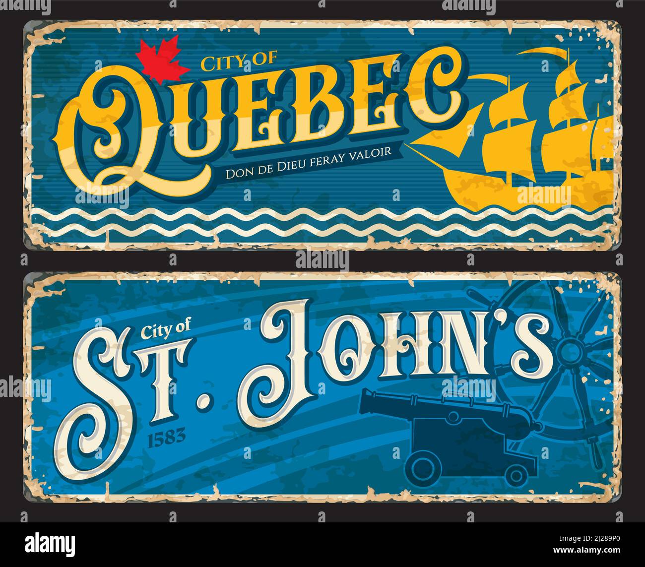 Quebec and St Johns canadian cities plates and travel stickers, vector tin signs with landmarks. Canada and North America tourism luggage tags or welcome signs with provinces or regions emblems Stock Vector