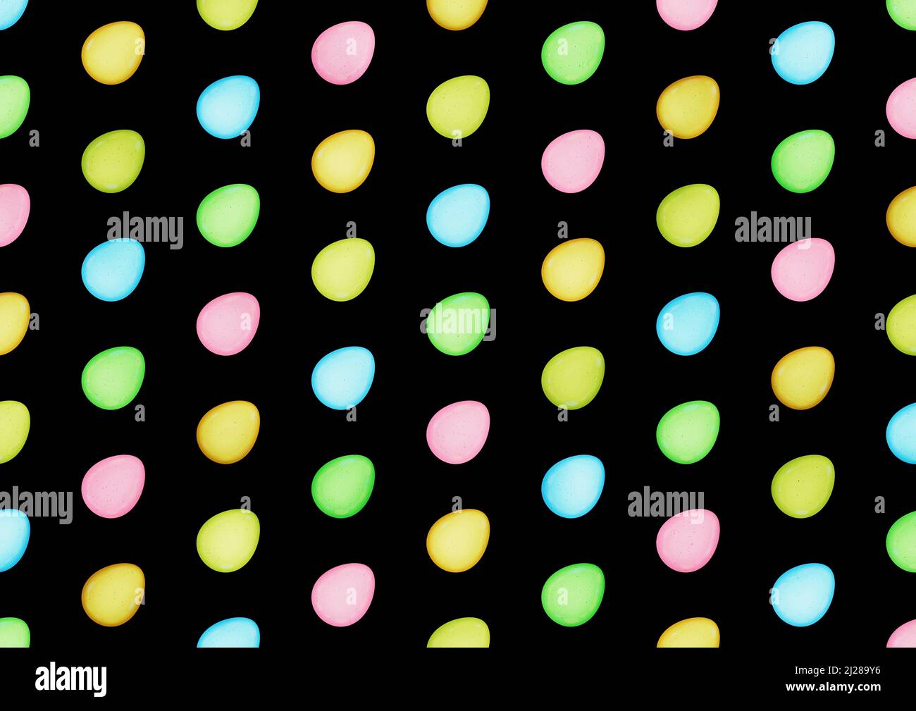 Colourful easter egg pattern on black background. Blue, green, yellow, orange and pink eggs. Wallpaper. backdrop. Stock Photo