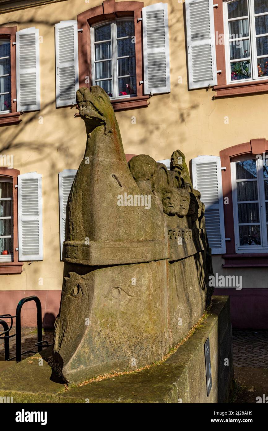 Neumagen, Germany - February 20, 2021: stone statue of  the ship of a wine merchant with barrels in Neumagen Dhron from roman times. Stock Photo