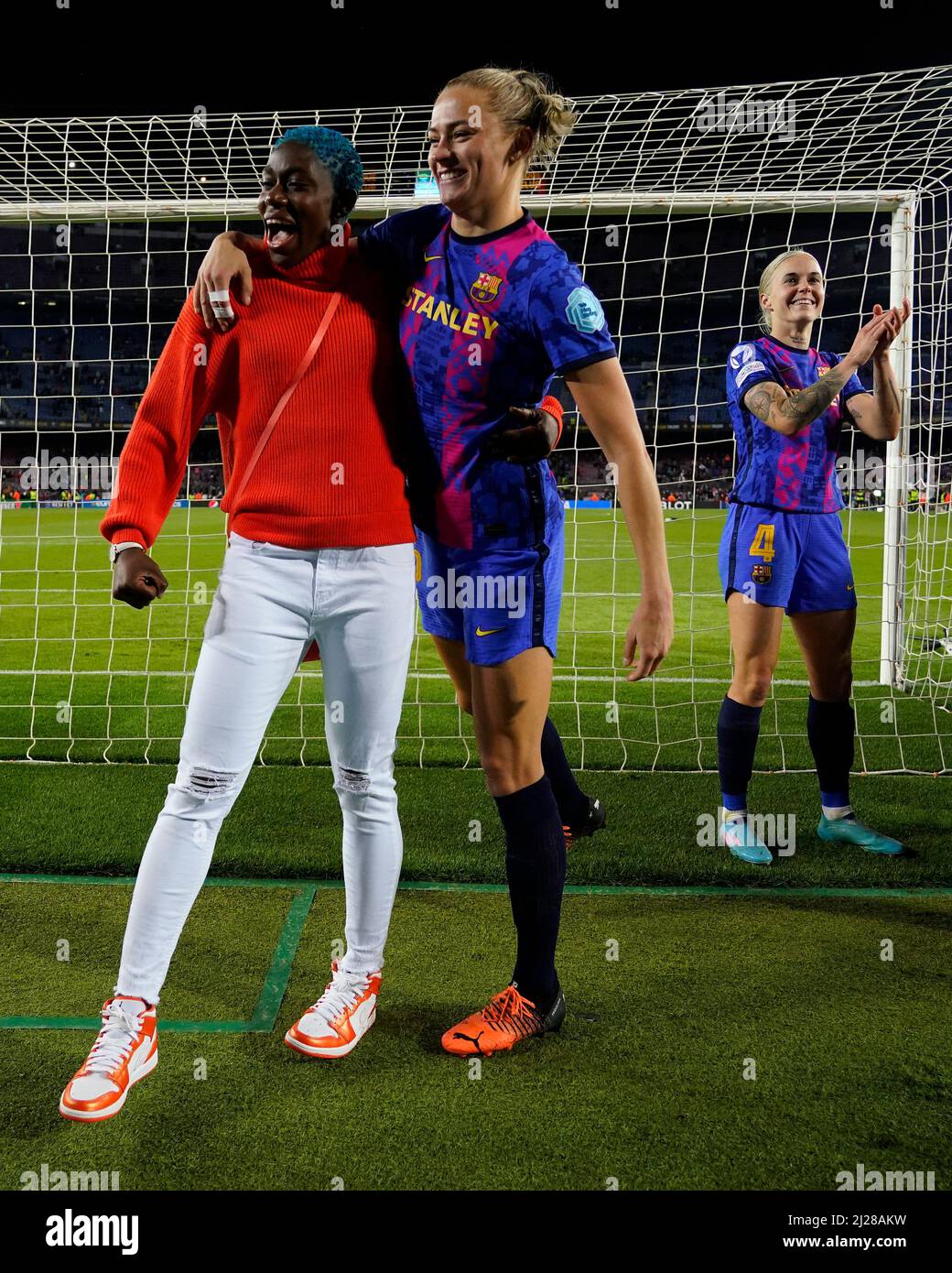 Fridolina Rolfo of FC Barcelona celebrates the victory with his teammate Assist Oshoala during the UEFA Women’s Champions League match between FC Barcelona v Real Madrid played at Camp Nou Stadium Stadium on March 30, 2022 in Barcelona, Spain. (Photo by Bagu Blanco / PRESSINPHOTO) Stock Photo