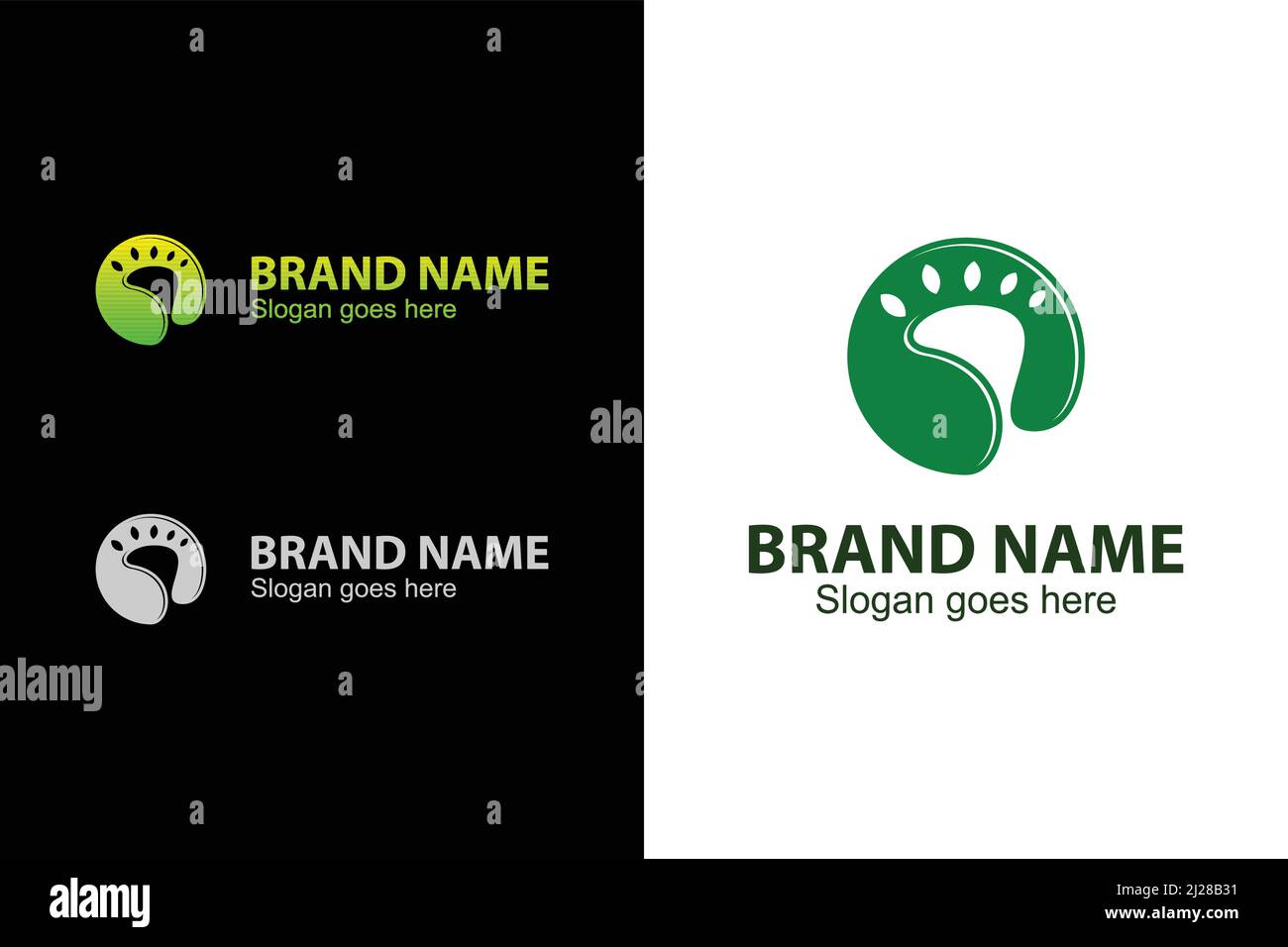 Abstract footprint leaf logo. Footprint logo in negative space with a leaf design concept packaged in a circle. Unique and modern logo. Flat design. Stock Vector