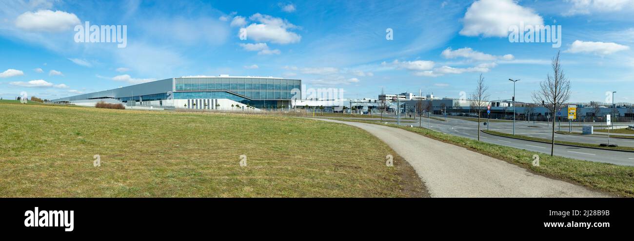 Sindelfingen, Germany - March 20, 2021: new factory for electricity cars by Mercedes Benz in Sindelfingen. It is a large production line for modern el Stock Photo