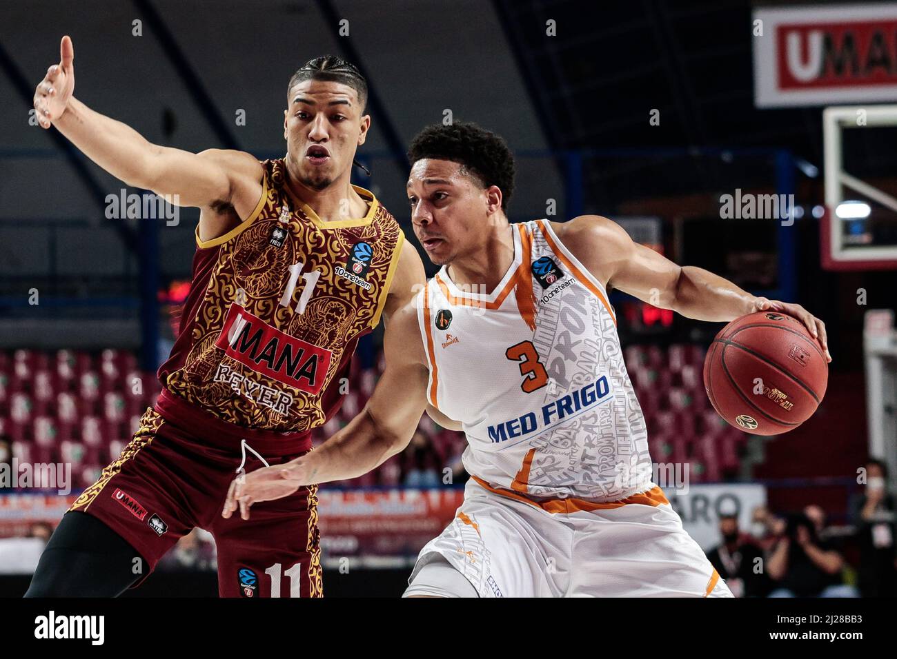 Abdul Gaddy (Promitheas Patras) and Victor Sanders (Umana Reyer Venezia)  during the Basketball EuroCup Championship Umana Reyer Venezia vs Promitheas  Patras on March 30, 2022 at the Palasport Taliercio in Venice, Italy (