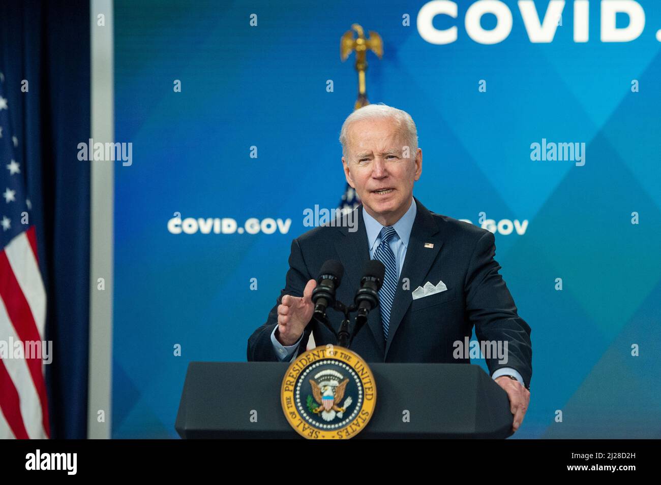 United States President Joe Biden delivers remarks on the status of the country's fight against COVID-19, in the South Court Auditorium of the Eisenhower Executive Office Building on the White House campus in Washington, DC, Wednesday, March 30, 2022. Credit: Rod Lamkey/Pool via CNP /MediaPunch Stock Photo
