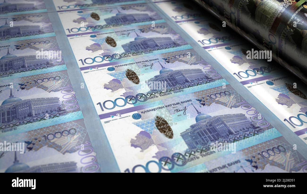 Kazakh Tenge money printing 3d illustration. KZT banknote print. Concept of finance, cash, economy crisis, business success, recession, bank, tax and Stock Photo
