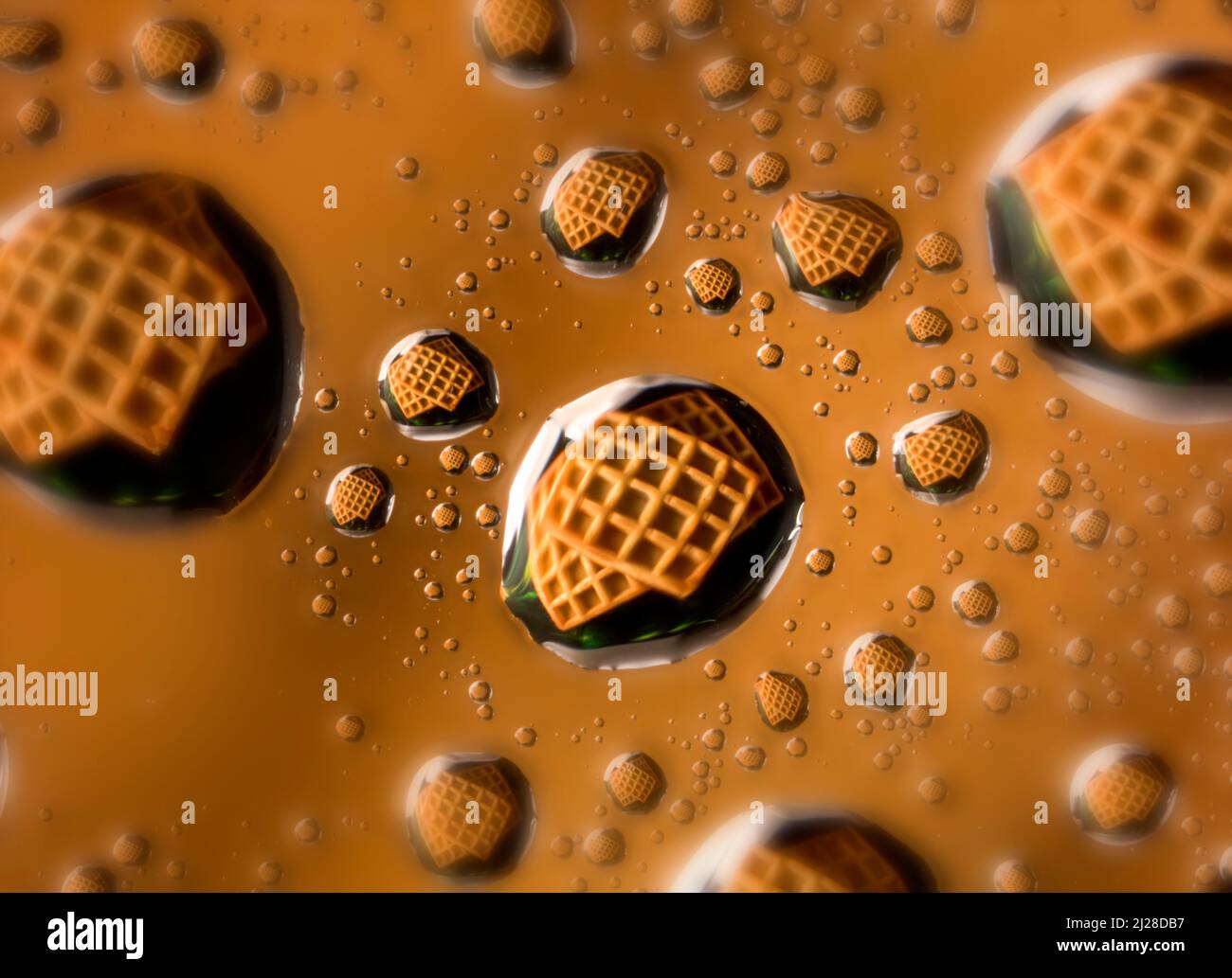 Creative macro food still-life of breakfast waffles reflected in water ...