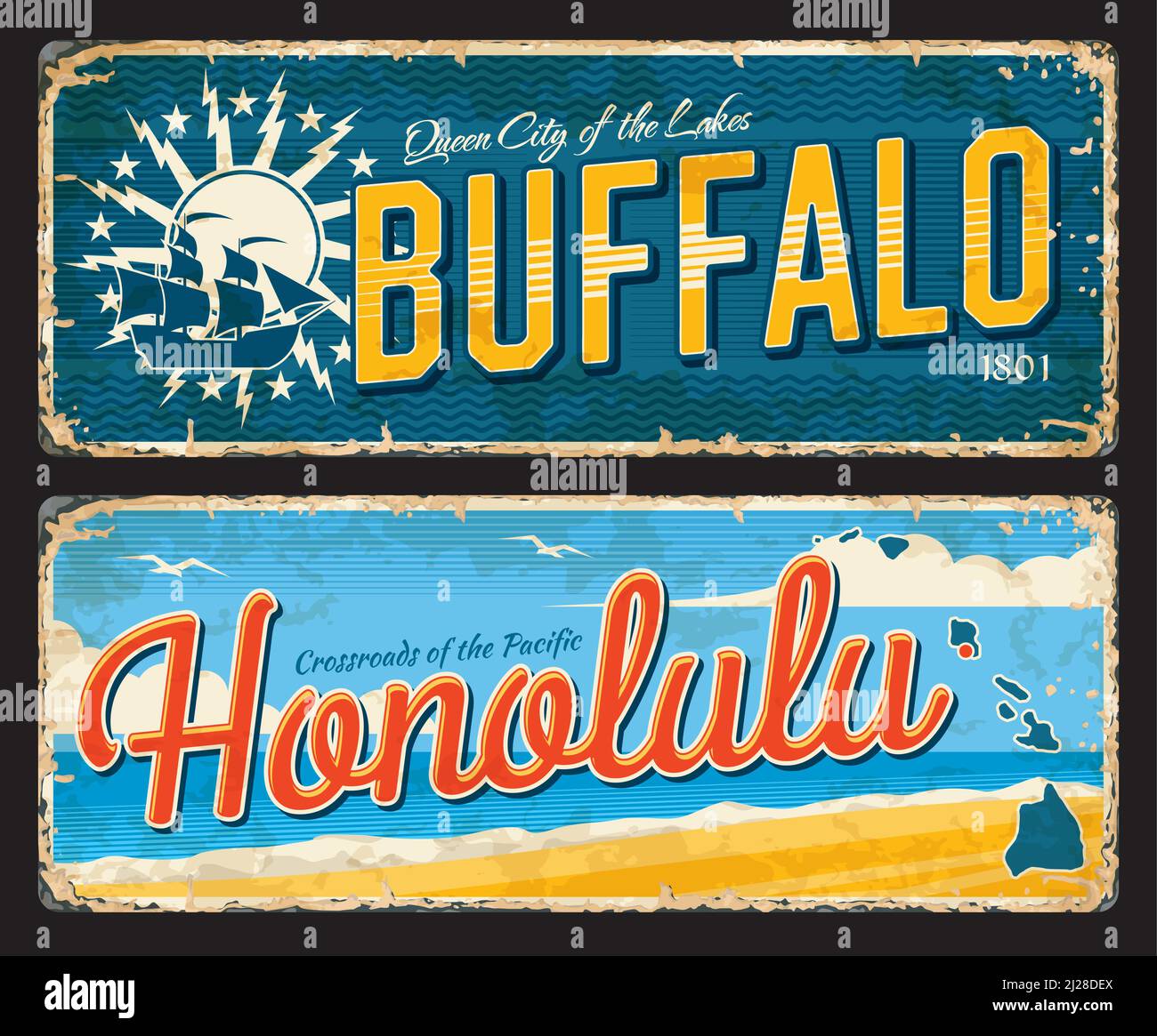 Buffalo, Honolulu american cities plates and travel stickers. American journey tin sign, USA city grungy vector stickers or souvenir postcards. United States city plates with city seal or flag symbol Stock Vector