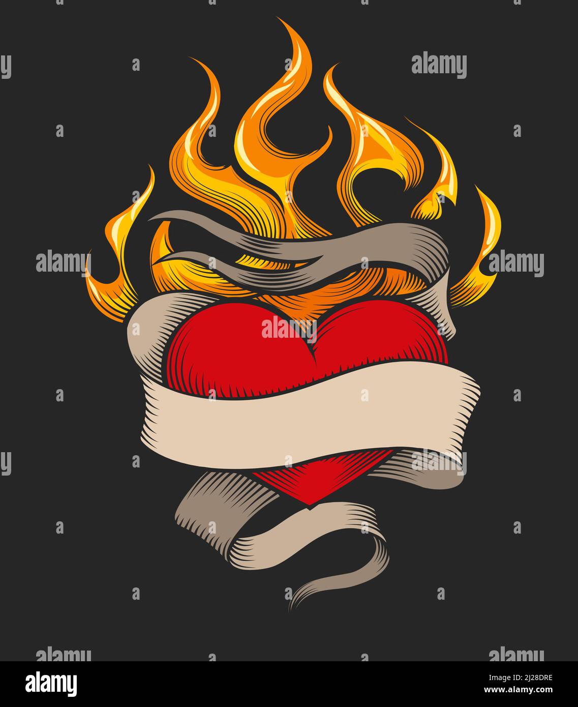 Flaming Heart Emblem and banner for your iscription isolated on black background. Vector illustration. Stock Vector