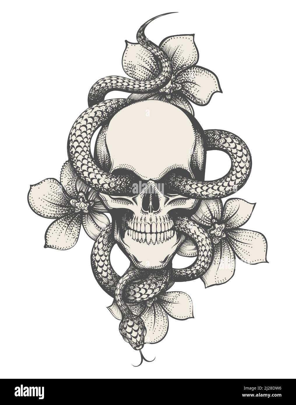 Tattoo of human skull with snake and flowers isolated on white. Vector illustration. Stock Vector