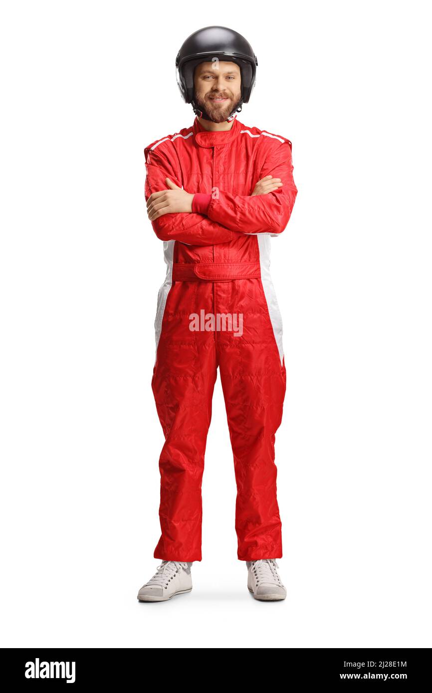 Racer with a helmet and a red suit isolated on white background Stock Photo