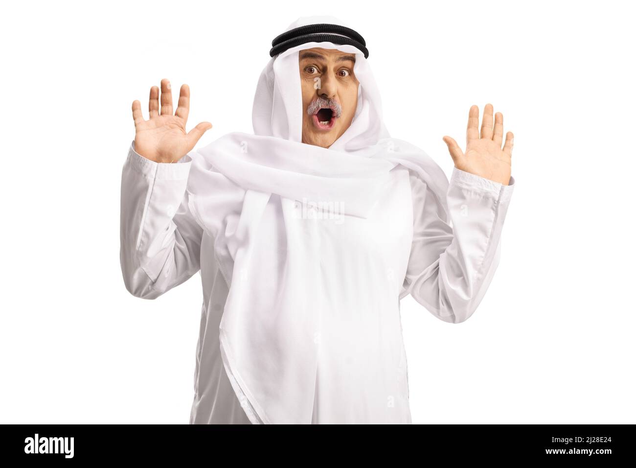 Shocked arab man with open mouth isolted on white background Stock Photo