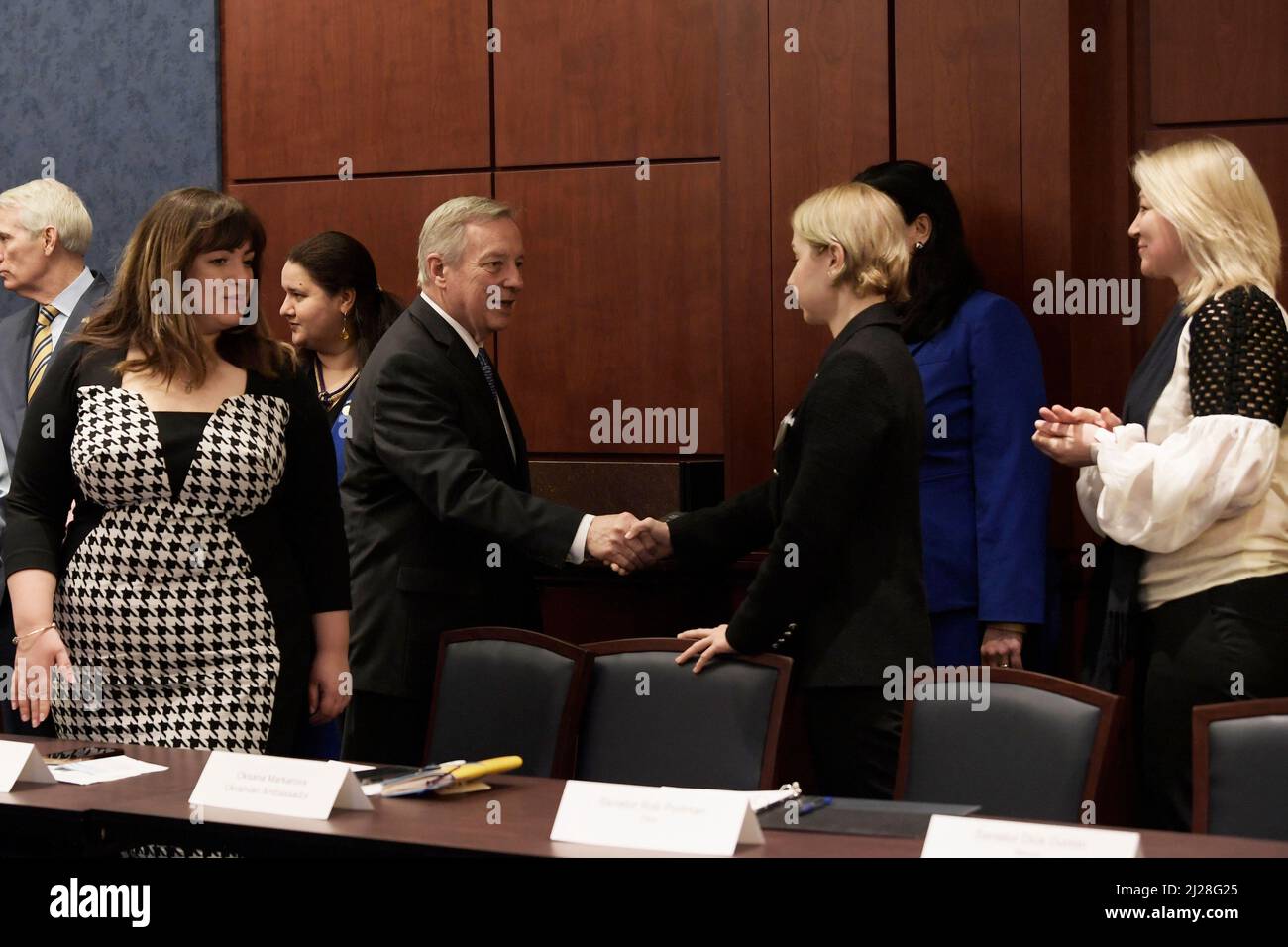 March 30, 2022, Washington, Distric of Columbia, USA: US Senator DIRK DURBIN(D-IL) greets to Ukraine Caucus during the meeting with members of the Ukraine Parliament, today on March 30, 2022 at SVC/Capitol Hill in Washington DC, USA. (Credit Image: © Lenin Nolly/ZUMA Press Wire) Stock Photo