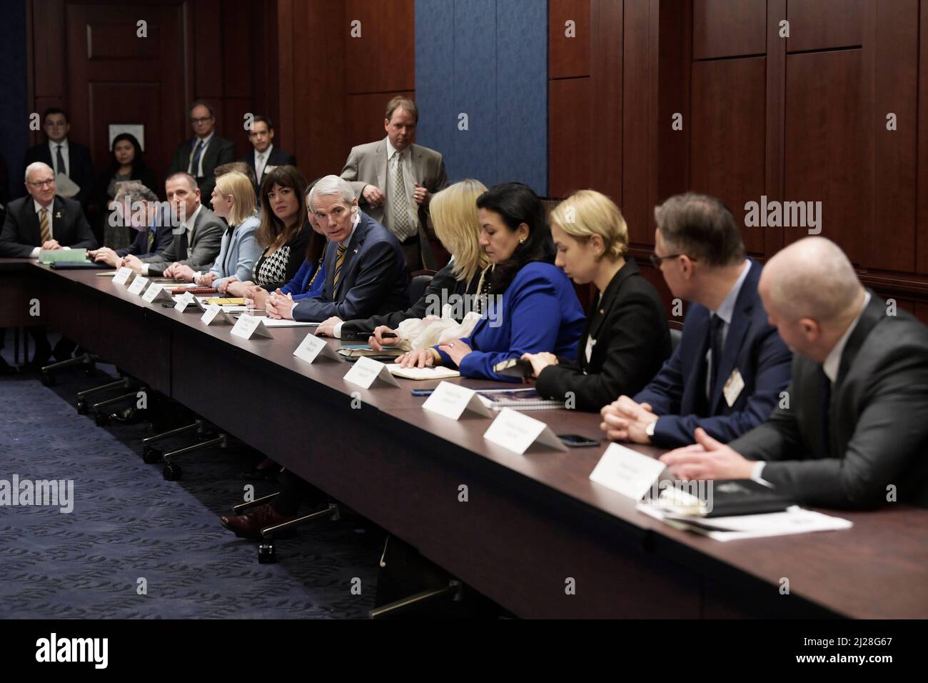 March 30, 2022, Washington, Distric of Columbia, USA: US Senators ROBERT PORTMAN(R-OH), DIRK DURBIN(D-IL) and Ukraine Caucus hold a meeting with members of the Ukraine Parliament, today on March 30, 2022 at SVC/Capitol Hill in Washington DC, USA. (Credit Image: © Lenin Nolly/ZUMA Press Wire) Stock Photo