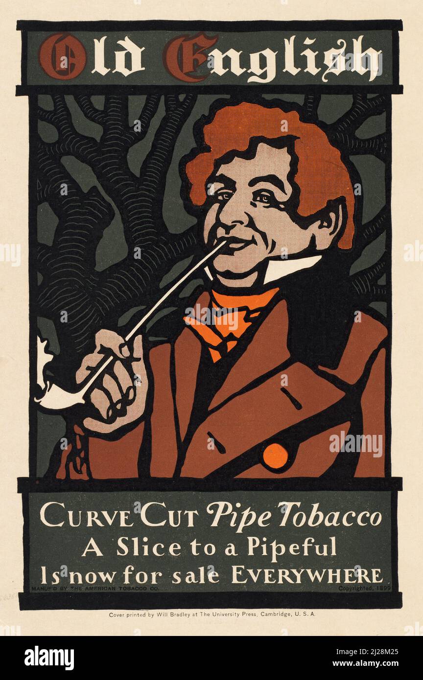 Will Bradley artwork - Old English, curve cut pipe tobacco (1899) American Art Nouveau - Old and vintage advertisement tobacco poster. Stock Photo