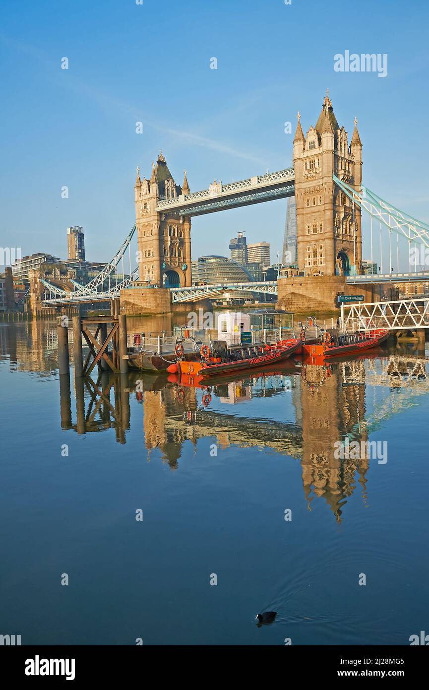 Landmark bridge Tower Bridge London England a bascule bridge across the River Thames. Stock Photo