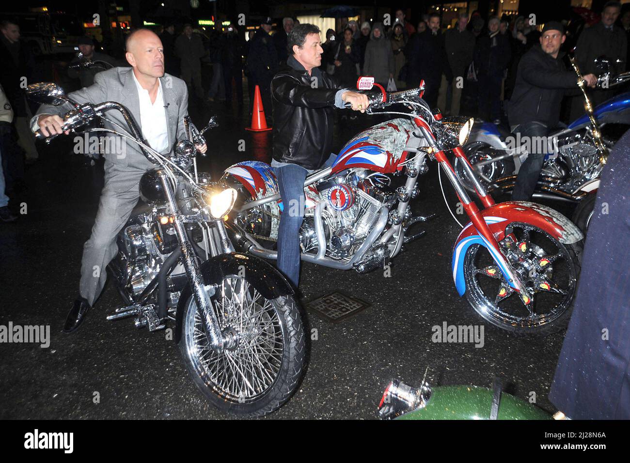 Manhattan, United States Of America. 17th Jan, 2008. NEW YORK - JANUARY 17, 2008: Actors Bruce Willis, Sylvester Stallone, the Teutul's ( America Chopper) and host David Letterman all show up on Chopper Motorcycles for the taping of 'Late Show With David Letterman' at the Ed Sullivan Theater January 17, 2008 in New York City. People: Bruce Willis; Sylvester Stallone www.StormsMediaGroup.com Credit: Storms Media Group/Alamy Live News Stock Photo