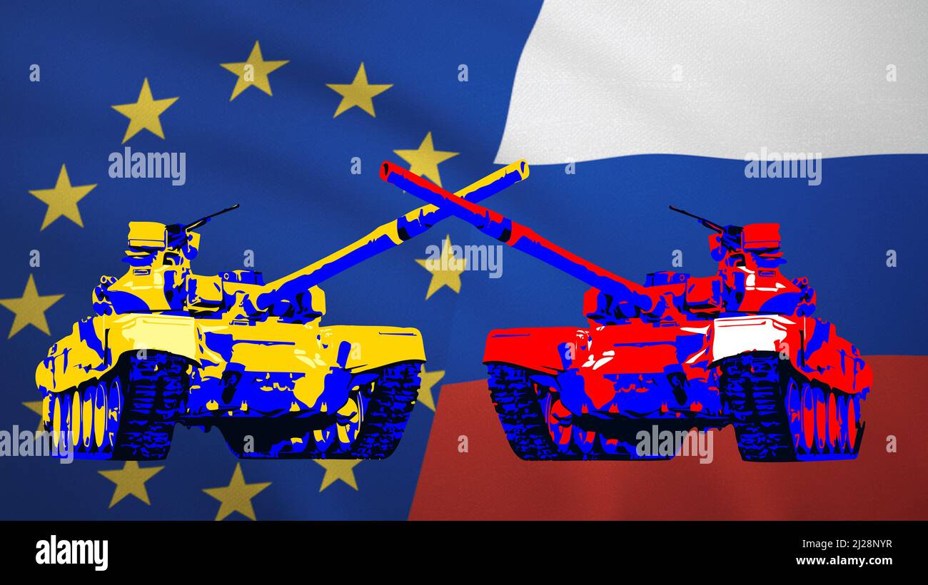 Europe union and Russian tanks stand in front of each other in flags backgrounds - Illustration of war frontline Stock Photo