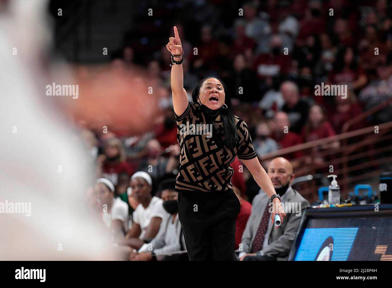 South Carolina head coach Dawn Staley reacts to a play during the first  half of an NCAA college basketball game against Missouri Sunday, Jan. 15,  2023, in Columbia, S.C. South Carolina won