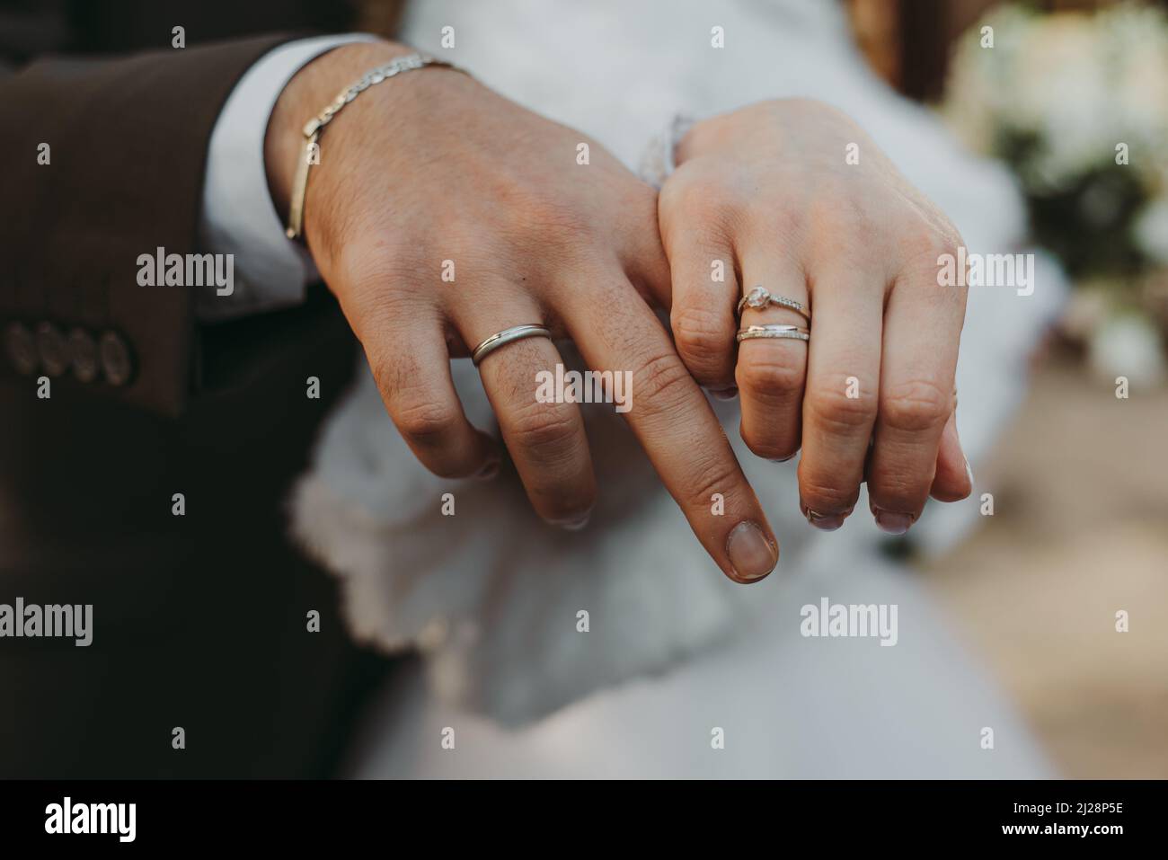 wedding couple with rings close up Stock Photo