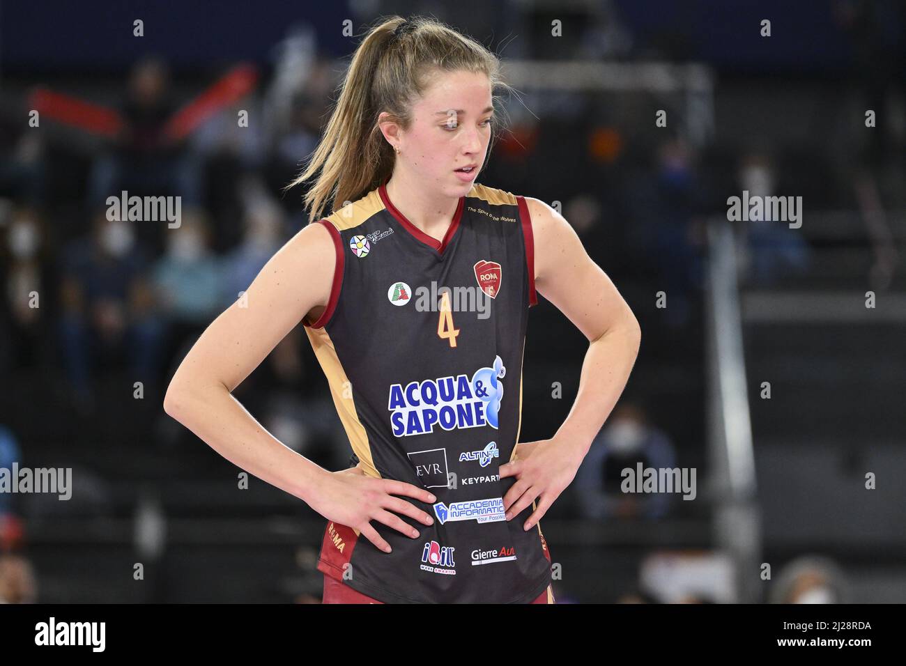 Roma, Italy. 30th Mar, 2022. Bugg Madison of Acqua & Sapone Roma Volley  during the Women's Volleyball Championship Series A1 match between Acqua &  Sapone Volley Roma and MeqaBox Volley at PalaEur,