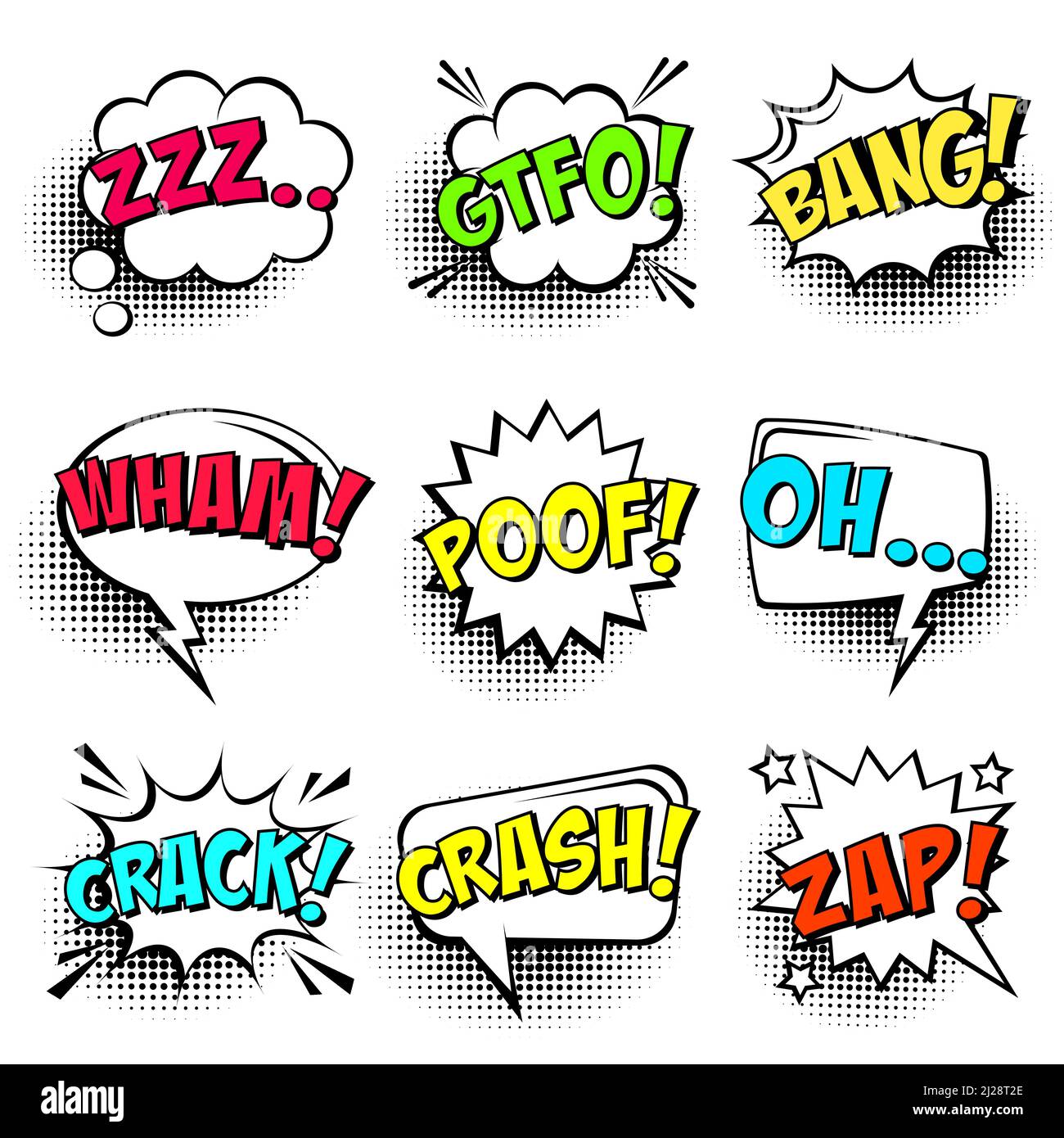 Comic speech bubbles with halftone shadows and colorful text isolated ...