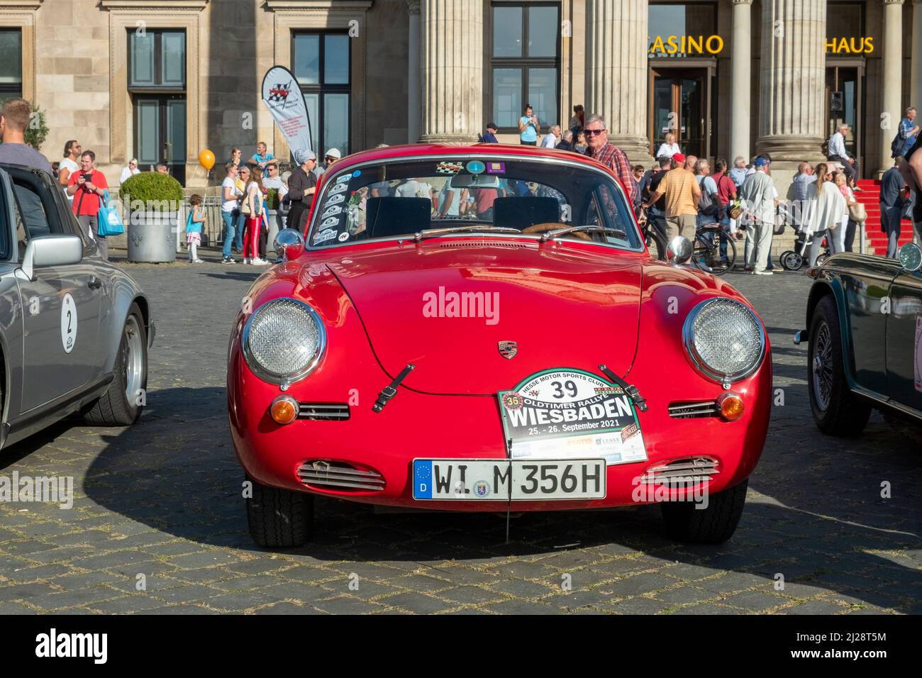Wiesbaden, Germany - 24. September  2021:  the Porsche 356 SC 1600  reaches the final goal  of the Oldtimer ralley Wiesbaden in Wiesbaden after a chal Stock Photo