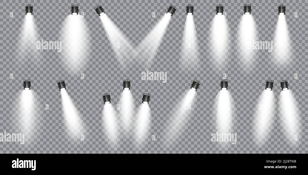 Illuminated studio spotlights collection. Bright light beam. Transparent realistic effect. Stage