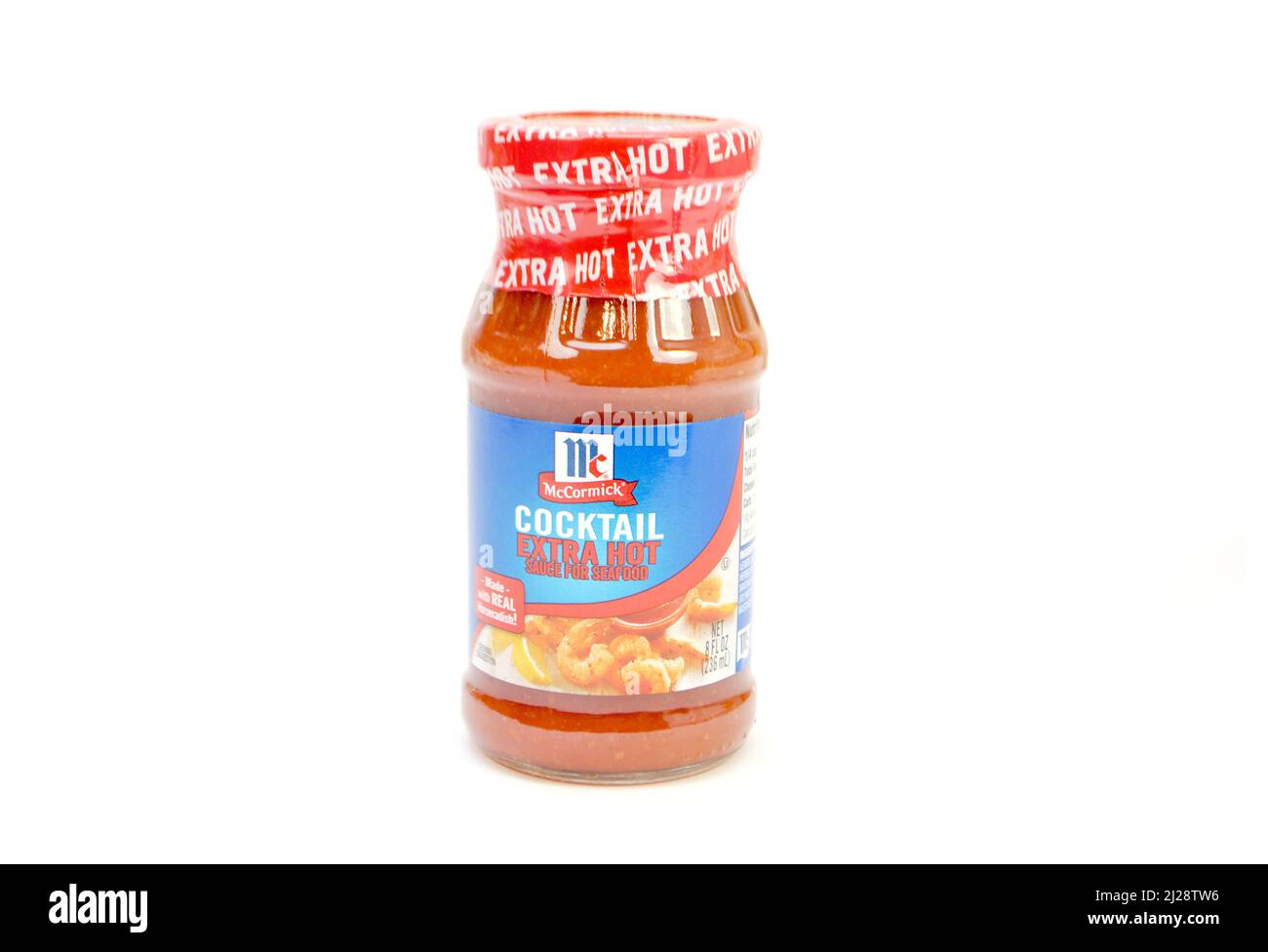 Bottled McCormick Cocktail Extra Hot Sauce for Seafood Isolated Over a White Background Stock