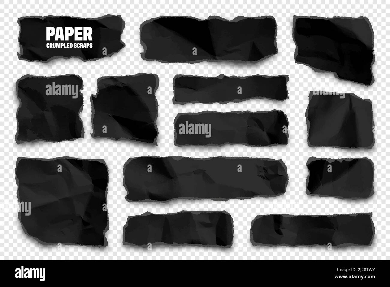 Black ripped paper strips. Realistic crumpled paper scraps with torn ...
