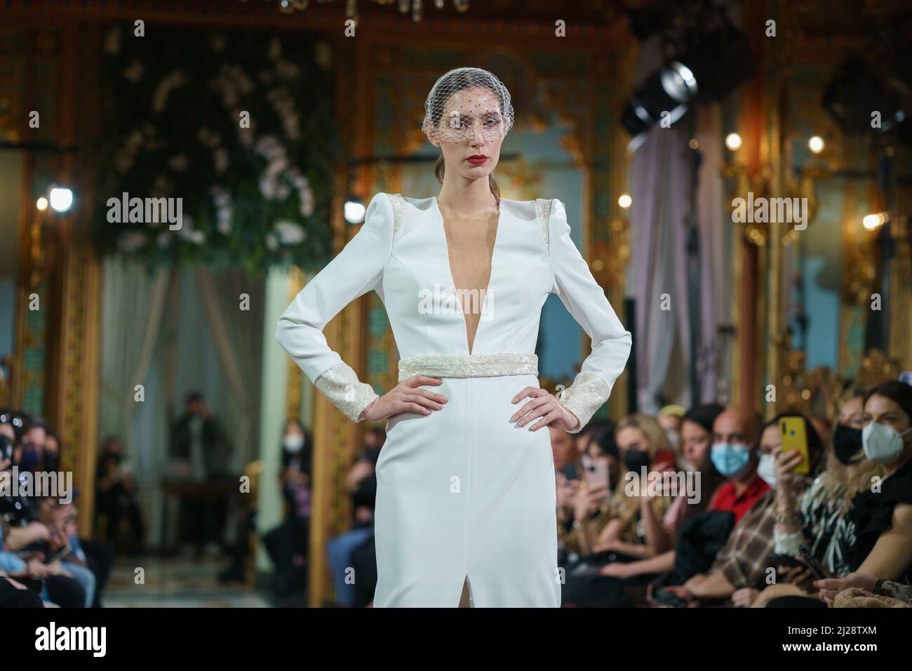 A model showcases Lorena Merino design during the Atelier Couture bridal  catwalk within Madrid Fashion Week, held at the Santonia Palace in Madrid.  (Photo by Atilano Garcia / SOPA Images/Sipa USA Stock