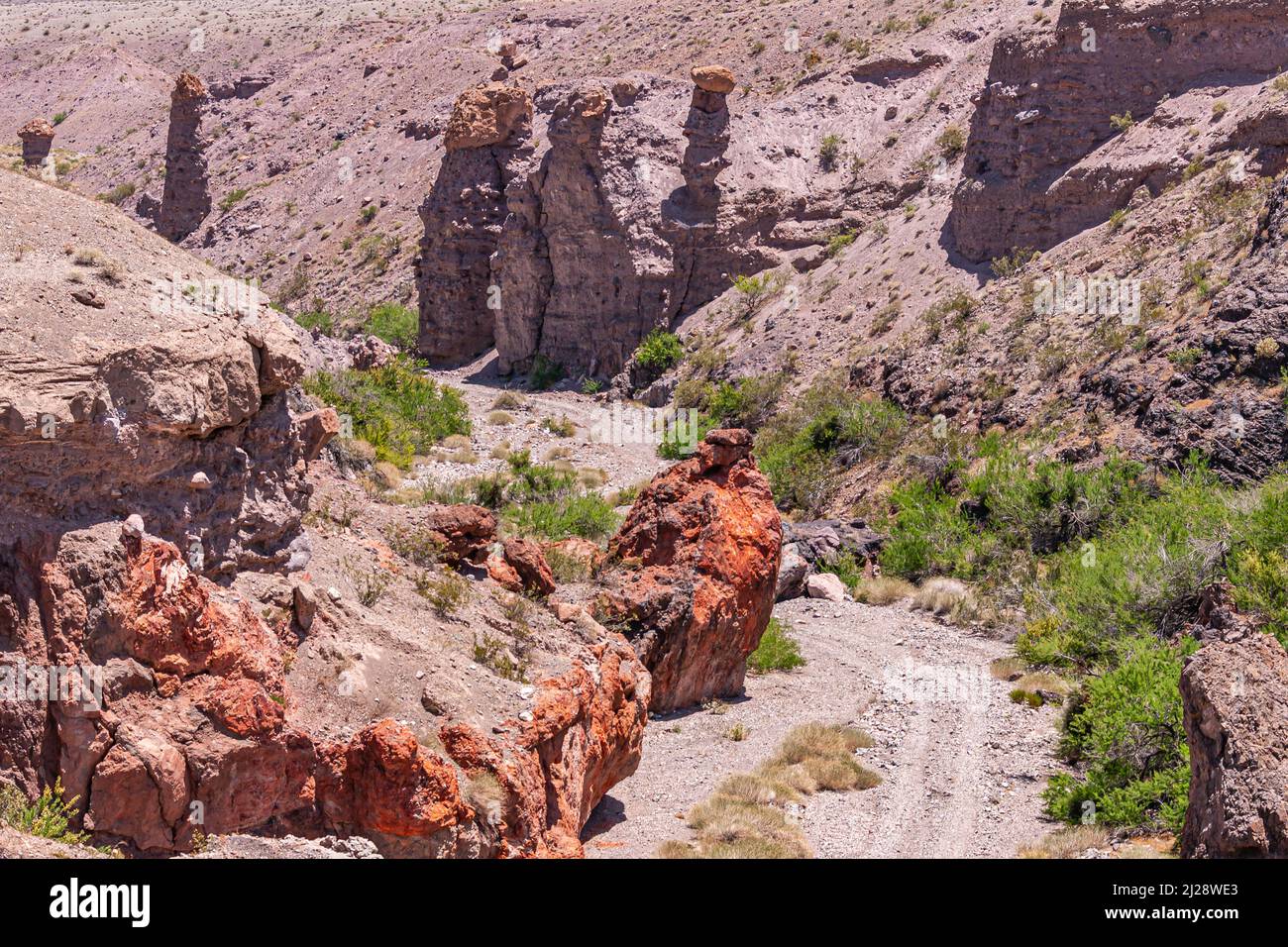 Nelson, Nevada, USA - May 21, 2011: Geologic pillars with golden crowns ...