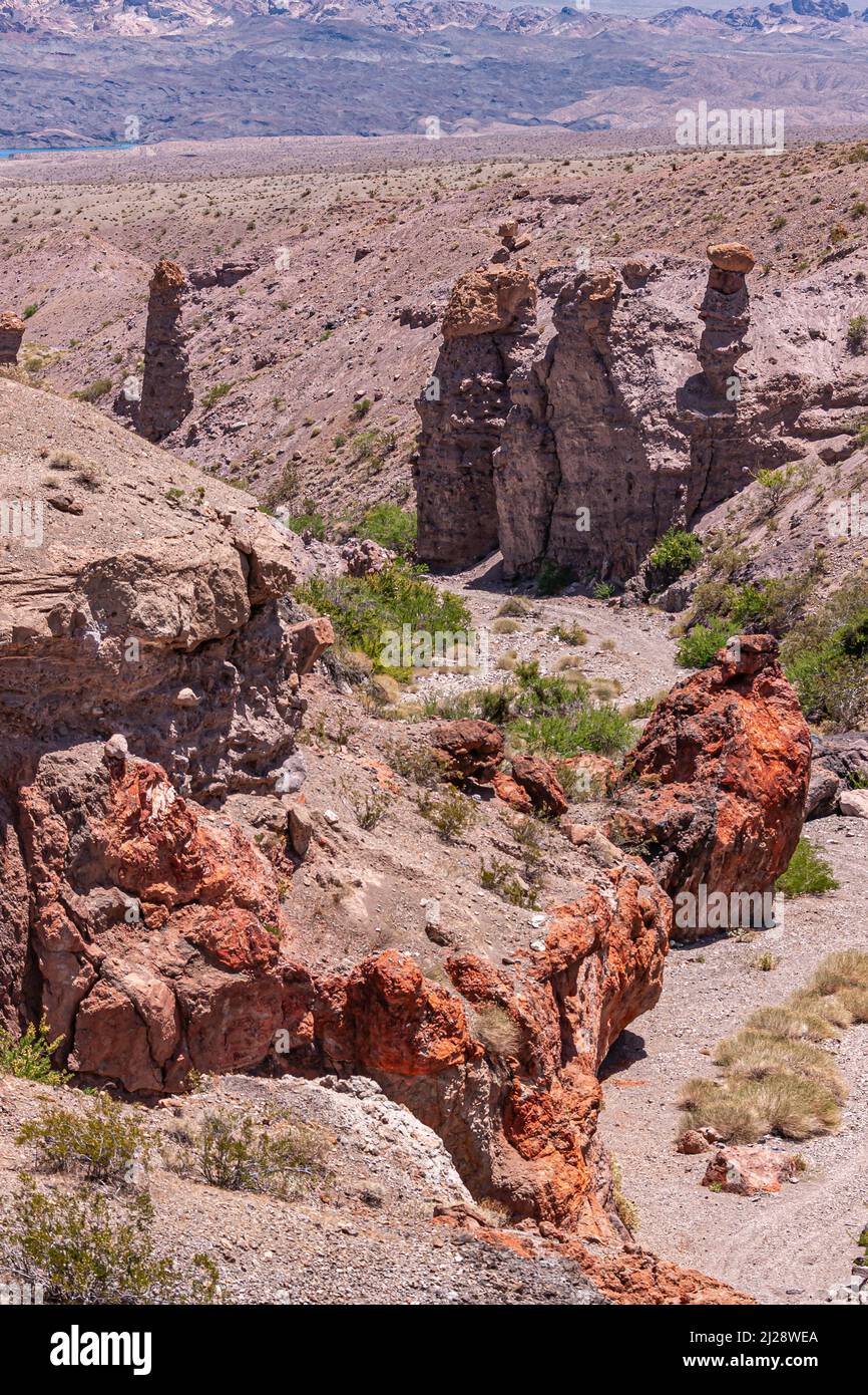 Nelson, Nevada, USA - May 21, 2011: Geologic pillars with golden crowns ...