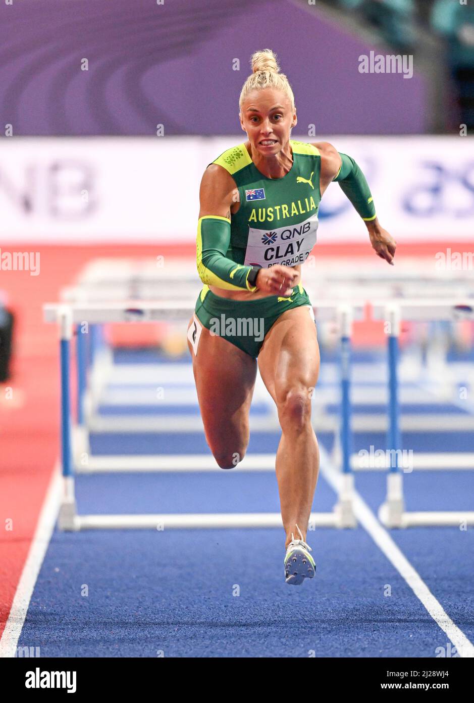 Liz Clay participating in the Belgrade 2022 World Indoor Championships in the 60m hurdles Stock