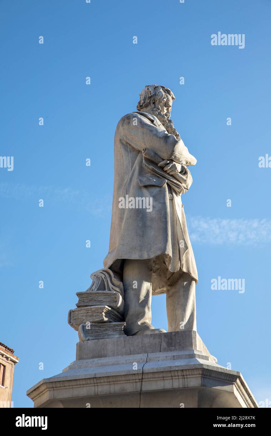 Venice, Italy - July 5, 2021: statue of Nicolo Tommase, the autor and patriot in Venice at Campo Santo Stefano square in Venice. Stock Photo